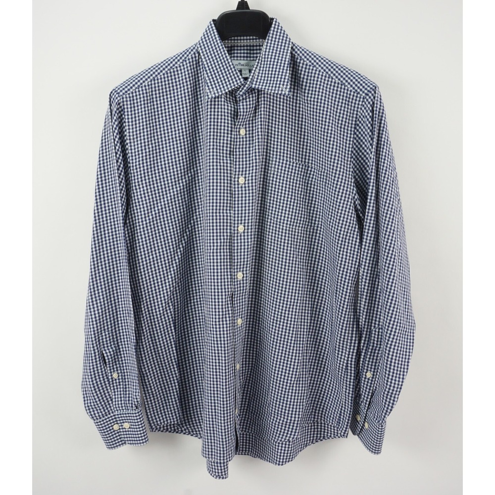 Peter Millar Silk Blend Jersey Mens Large Long Sleeve Blue Check Button Up Shirt